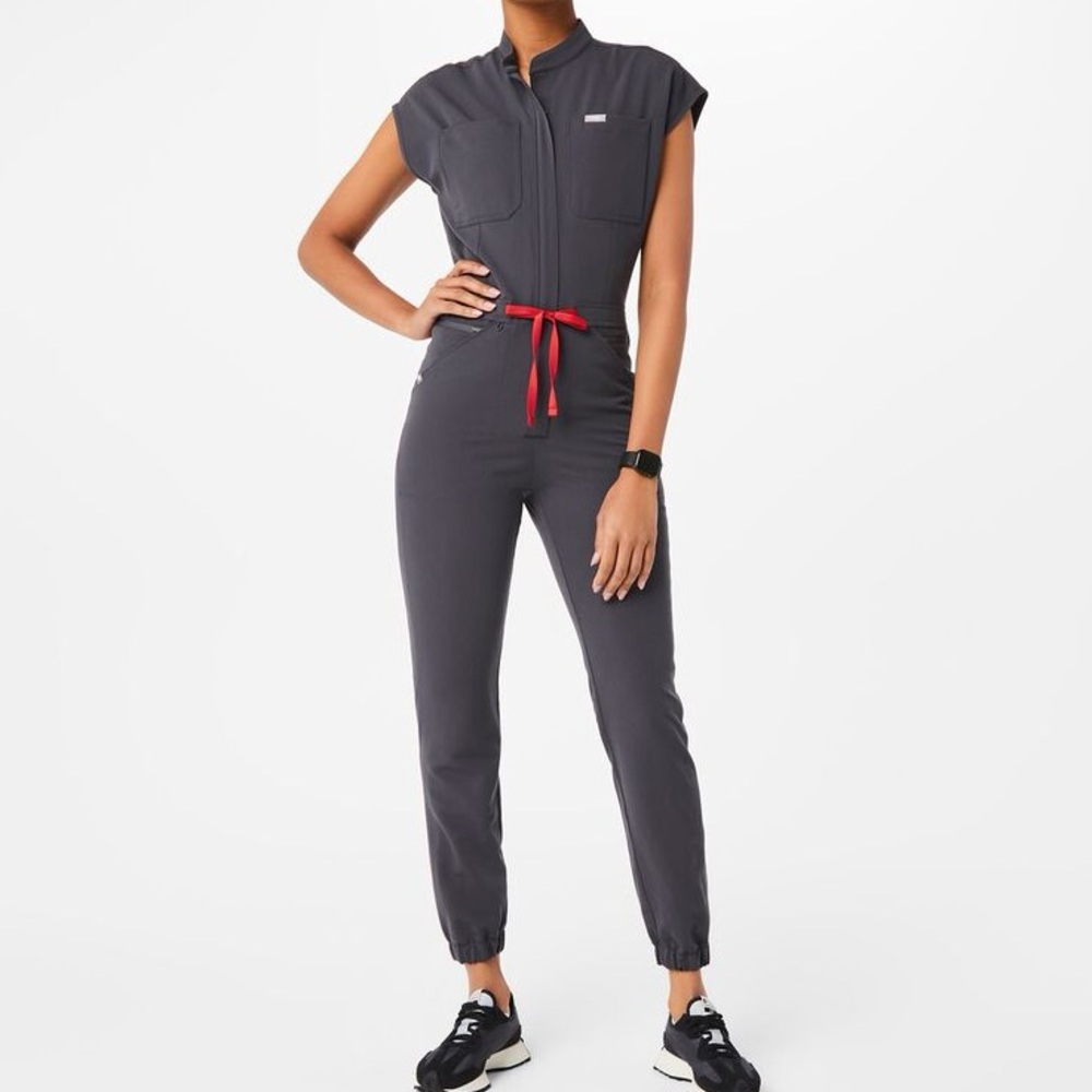 Figs Gray Rafaela Jumpsuit with Red Accents